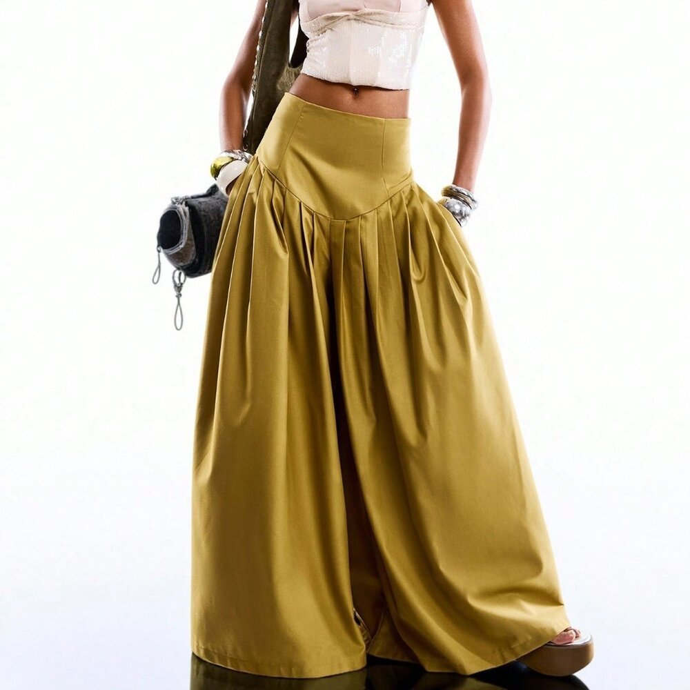 Yellow Casual Women's Pleated Wide Leg Pants - Picture 3 of 8